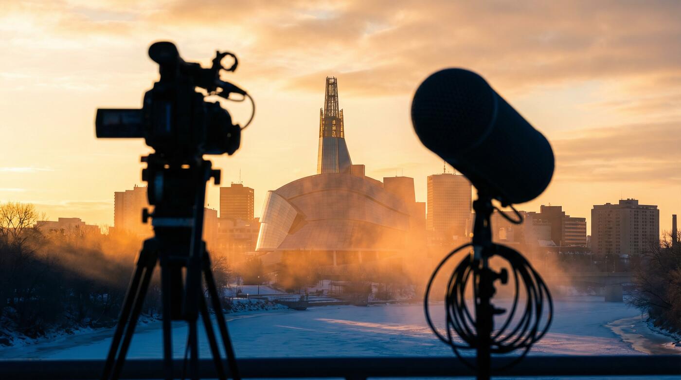 Winnipeg skyline at sunrise with broadcast equipment